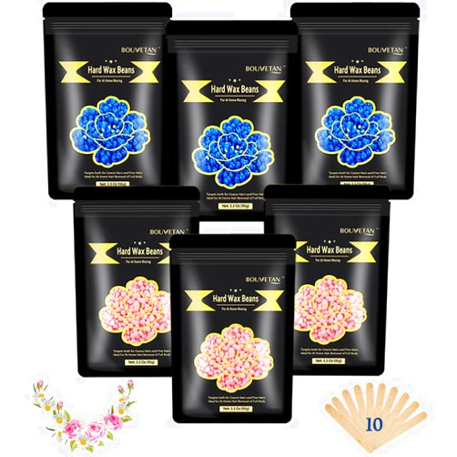 Bouvetan 1.3Lb/21oz Wax Beads for Brazilian, Eyebrow, Face, Bikini, Legs, Arms Waxing - 6 Packs with 10 Wax Spatulas for Women and Men