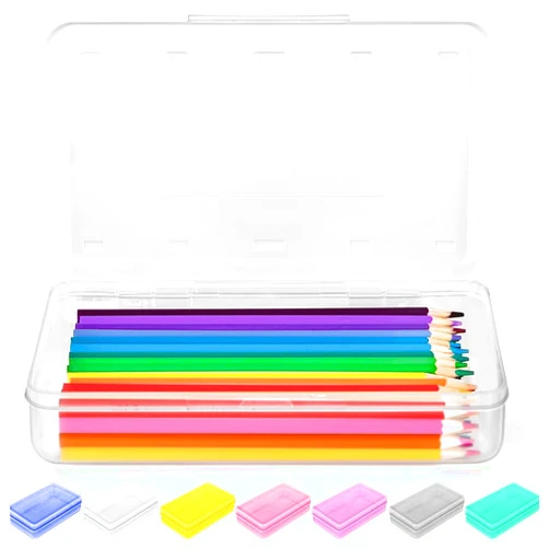 Sooez 1 Pack Pencil Case, Clear Pencil Box with Stickers, Large Plastic Crayon Box with Snap-tight Lid, Stackable Storage Box Art Craft Marker Organizer Box for Kids Boys Back to School, Clear