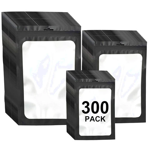 MEACOLIA 300 Pack 3 Sizes Resealable Mylar Bags Food Storage Smell Proof Bags with Front Window Packaging Pouch for Sample Snack Cookies Jewelry (Black, 3 x 4.7 inch,4 x 6 inch,4.7 x 7.9 inch)