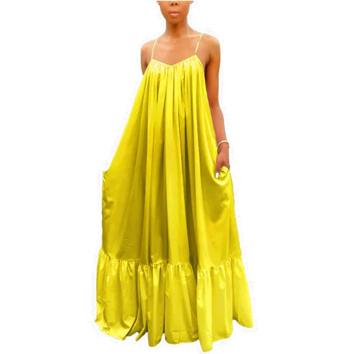 Adogirl Women's Sexy Spaghetti Strap Sleeveless Ruched Ruffle Hem Bandage Oversized Beach Loose Long Maxi Swing Dress
