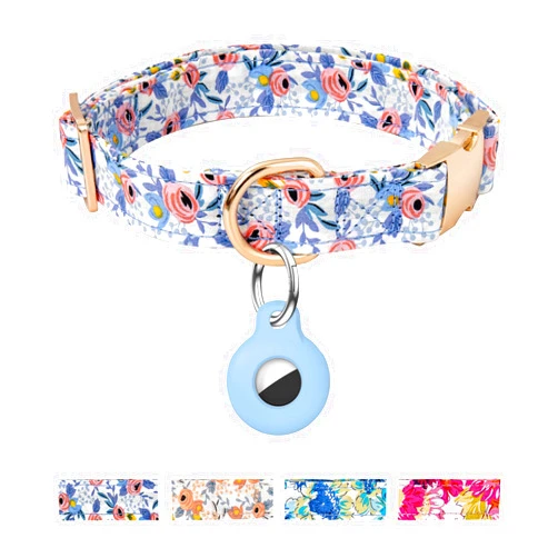OEBEESA AirTag Dog Collar,Adjustable Dog Collars with AirTag Holder,Cute Puppy Collars with Metal Buckle, Soft Padded Blue Flower Patterns Pet Collar for Small Medium Large Dogs