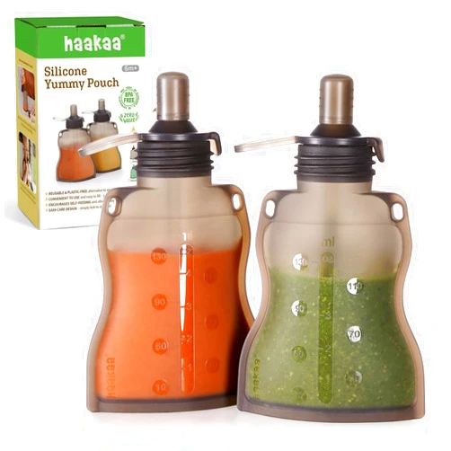 Haakaa Yummy Pouch Reusable Baby Food Pouch, Baby Food Storage Kids Squeezable Pouch, Washable Freezer - Make Homemade Organic Food for Babies/Toddlers, 4oz, 2 Pack,6m+