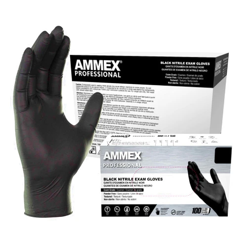 Ammex Black Nitrile Disposable Exam Gloves, 3 Mil, Latex & Powder Free, Textured, Large, Case of 1000