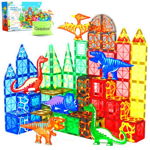 Coodoo 102PCS Dinosaur Toys Magnetic Tiles with 8 Dinosaurs - Jurassic Scenes Dinosaur World Adventure Set, Magnetic Blocks Kids Toys for Boys & Girls Ages 3+, Sensory Toddler Toys Creative Kids Games Gifts