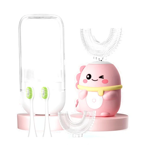 JEDURE Kids Electric Toothbrush U Shaped Toddler Auto Toothbrushes with 4 Brush Head,Cartoon Dinosaur Ultrasonic Toothbrushes for Children 2-12 Years,360° Full Mouth Cleaning