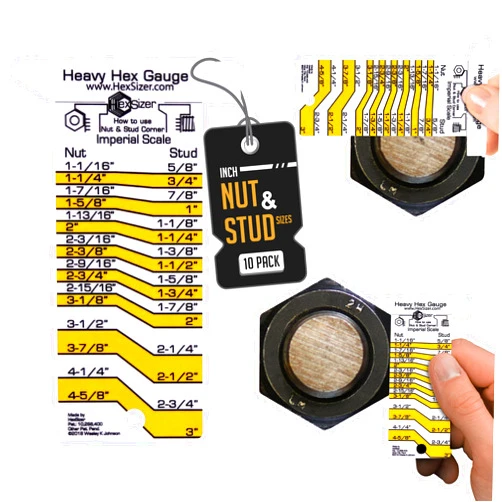 HexSizer 10 Pack Heavy Hex Nut, Bolt & Stud Gauge Tool - Durable Plastic Measuring Set, Compact, with Protective Vinyl Sleeve - Hardware Sizing Tool Identifier - Inch Measurement (Yellow on White)