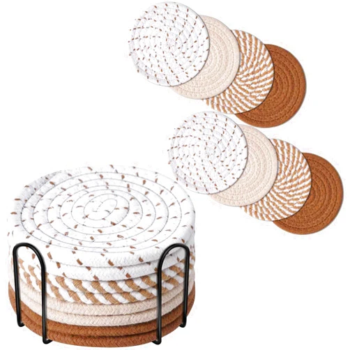 BRILLIRARE Drink Coasters 8 Pack with Holder, 4-Color Cotton Woven Absorbent Coasters Set, Minimalist 4.3in Cup Mat for Home Decor, Dining Table, Living Room, Tabletop-Protection for Coffee Beverage-Brown