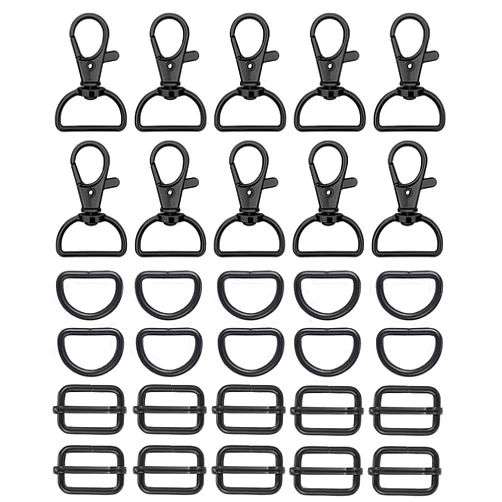 WAFJAMF Metal Snap Hook Ring Bulk 30 Pcs, 10Pcs Swivel Clasp Buckle and 10Pcs Non-Welded D Ring 10Pcs Adjustable Rectangular Buckle (3/4” Inside Width – Black)