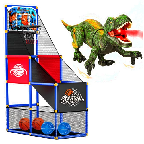 Flybakiz Electronic RC Walking Dinosaur Pet for Boys 4-7 with Spray & Light & Roar + Basketball Hoop Stand