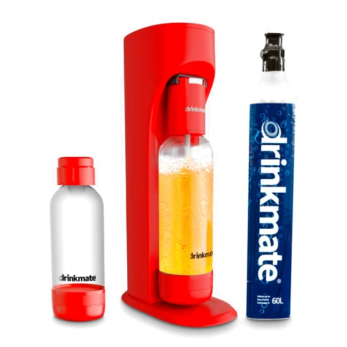 Drinkmate OmniFizz Sparkling Water Maker & Soda Streaming Machine | Carbonates Any Drink | SPECIAL BUNDLE | Includes 60L CO2 Cartridge + Two BPA-Free Bottles (Royal Red)