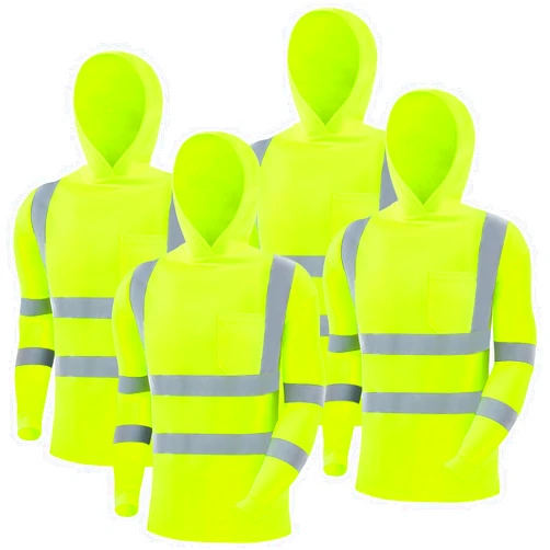 Amylove 4 Pcs Reflective Safety T Shirt with Hood High Visibility Work Shirts Sun Protection Long Sleeve Hoodie Construction