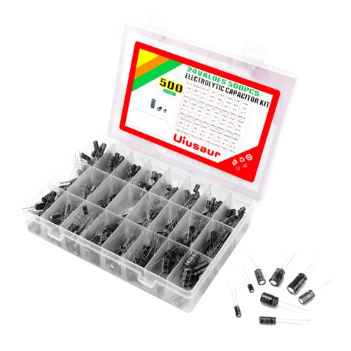 Uiusaur 0.1uF－1000uF Capacitors 24 Value 500pcs Individual Box Lid Electrolytic Capacitor Assortment Kit for Industrial Electrical and Arduino，TV, LCD Monitor, Radio, Stereo, Game, Water Heater, etc.