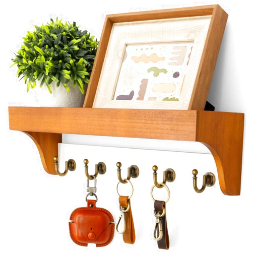 Rebee Vision Key and Mail Holder for Wall with Shelf - Farmhouse House Decor with 5 Rustic Keys Hooks and Decorative Mail Organizer Wall Mount - Decorative Apartment Essentials (Light Brown & White)