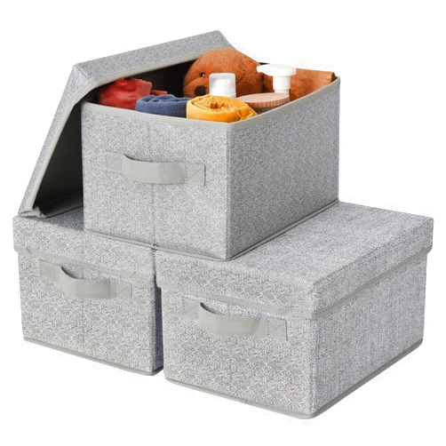 GRANNY SAYS Closet Storage Bins, Fabric Boxes with Lids, Shelf Baskets for Closet Organization, Stackable Storage Containers, Gray, Medium, 3-Pack