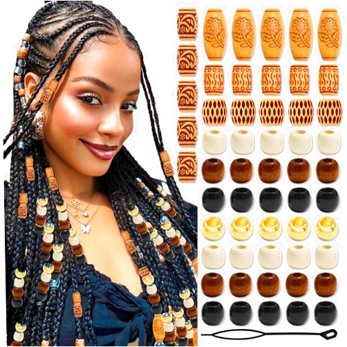 NAISKA 60Pcs Wooden Hair Braid Beads Multi Shape Gold Hair Jewelry for Braids Loc Dreadlock Accessories Hair Tube Decoration Hair Cuffs DIY Braid Clips for Women and Men