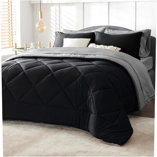 Bedsure Black Comforter Set King - 7 Pieces Reversible Black Bed Set King, Black Bedding Set King with Comforters, Sheets, Pillowcases & Shams, King Size Black Bed in a Bag