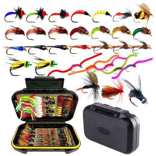 Qievcrme Fly Fishing Flies Kit Trout Steelhead Salmon Bass Flies Assortment 32Pcs-148pcs Include Dry Wet Flies Nymphs Streamers Maggot, Fly Lure Set