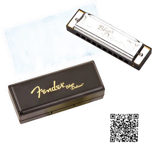 Fender Blues Deluxe Harmonica - Key of C Bundle with Carrying Case, Austin Bazaar Instructional Manual, and Polishing Cloth