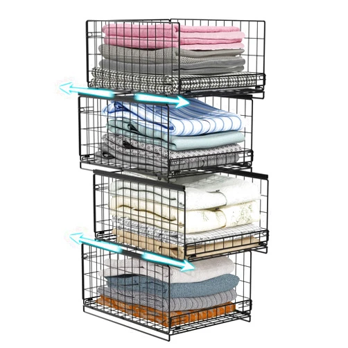 Hongtamoya 4-tier Sliding Closet Organizers and Drawer Storage Shelves, Stackable Storage Bins for Jean Pants Sweaters, Metal Drawer Slid Clothes Storage Container, Closet Organizers for Clothes-Black