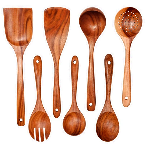 YYLTJR Wooden Non-Stick Kitchen Pan Toolset 7 Pieces Set,100% Natural Teak Kitchen Utensils Spatula, Wooden Cooking Utensils Spoons, Fried Spatula and Salad Fork
