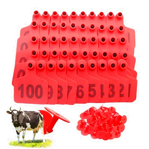 FCBFJSW 100 pieces of plastic ear tags for cattle, number 001-100-200-300-400-500, suitable for cattle, goats, pigs, cattle and sheep animal identification ear tags Red 7.5*10cm (2.95*3.93in) 001-100