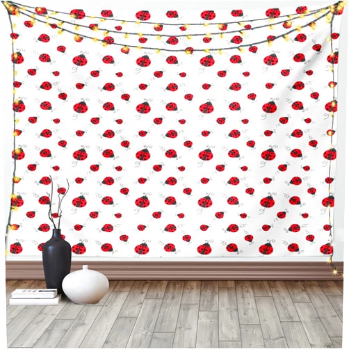 Ambesonne Ladybugs Tapestry, Ladybug with Dotted Wings Swirls and Curves Pattern Animal, Wide Wall Hanging for Bedroom Living Room Dorm, 80