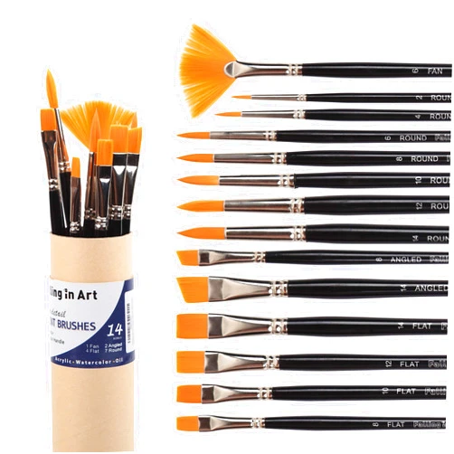 Falling in Art Gold Nylon Hair Paint Brushes for Acrylic Painting, 14PCS Watercolor Paint Brush Set, Long Handled nylon Oil Paintbrushes for Kids, Adults, Beginners, and Professionals