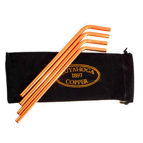 Cuyahoga Copper Set of 4 - Bent Pure Copper Drinking Straws in Black Velvet Bag with Cleaning Brush. Part of the 1897 Collection from Cuyahoga Copper
