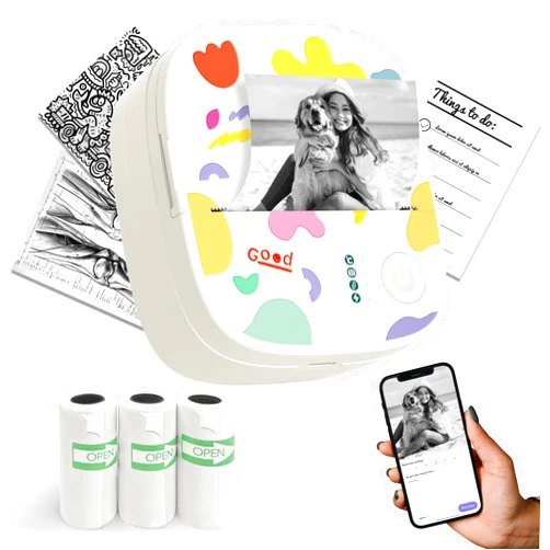 XenGro Mini Sticker Printer AHM2, Mini Thermal Printer with 3 Rolls Paper, Portable Bluetooth Inkless Printpods, Pocket Label Maker Suitable for Creative Kids DIY, Diaries, Photos, Study Notes -White
