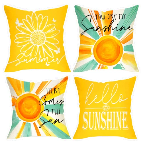 Ussap Hello Summer Sun Decorative Throw Pillow Covers 18 x 18 Set of 4, You are My Sunshine Daisy Flower Yellow Cushion Case Decor, Here Comes The Sun Seasonal Home Decoration for Sofa Couch