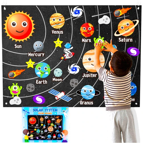 WATINC 44Pcs Outer Space Felt Story Board Set 3.5 Ft Solar System Universe Storytelling Flannel Interactive Play Kit with Hooks Astronaut Planets Alien Galaxy Reusable Wall Hanging Gift for Boys Girls