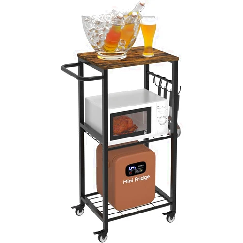 Sungaryard 3-Tier Rolling Kitchen Cart Microwave Stand on Wheel, Movable Coffee Bar Cart with Metal Handle, Bakers Rack with 8 Hooks Utility Cart for Living Room, Bedroom, Bathroom, Office, Black
