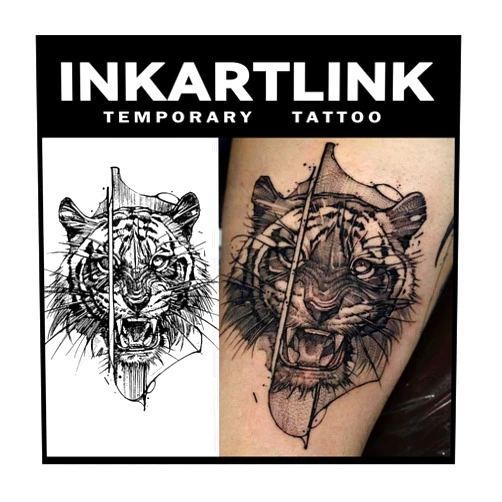 INKARTLINK Tattoo Tech, 2 Sheets Large Semi Permanent Tattoo, Adult Art Design Temporary Tattoos, Lasts 1-2 Weeks, Waterproof, Realistic Look, No Adhesive, No Reflection (Tiger Design)
