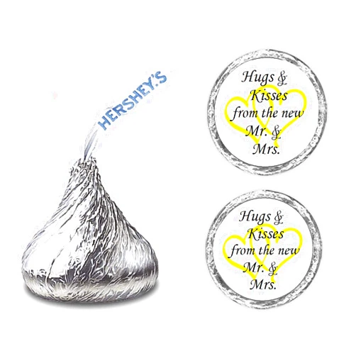 RokAPary 324 Hugs and Kisses from The New Mr. & Mrs. with Interlocking Hearts Wedding Stickers, Chocolate Drops Labels for Bridal Shower Engagement Party Decorations, Kiss Favors Decor. Made in USA (Yellow)