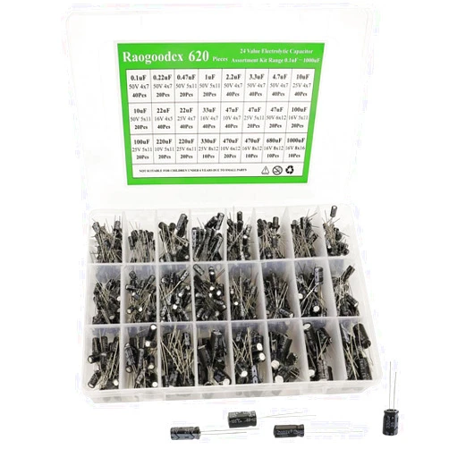 Raogoodcx 620Pcs Aluminum Electrolytic Capacitor Assortment Kit 24 Kinds Different Range 0.1uF－1000uF 10V/16V/25V/50V Radial Leads Electrolytic Capacitors for Repair TV, Radio, Microwave etc