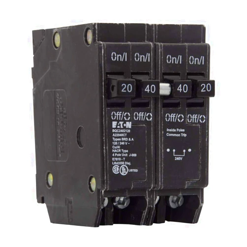Cutler-Hammer Type BQC Quadplex Circuit Breaker, 120/240 V at 40 A, 120 V at 20 A, 20 to 40 A, 10 kAIC, 4 Poles