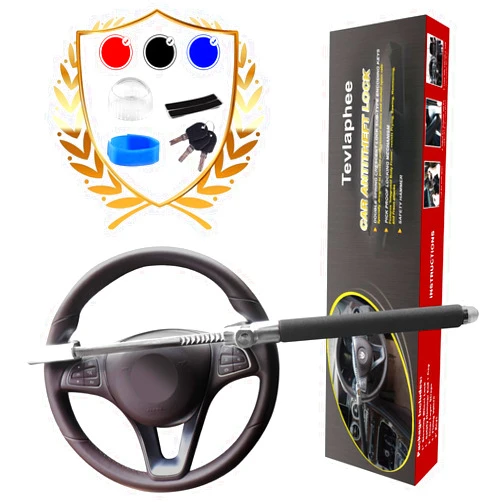 Tevlaphee Steering Wheel Lock Anti Theft Car Device Universal Theft Prevention Car Lock Adjustable Double Hook Emergency Hammer Window Breaker Self Defense Heavy Duty Secure (Black)