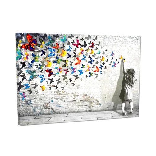 Canvas Trend Banksy Graffiti Canvas Wall Art Butterfly Animal Painting Pictures Posters Prints Stretched and Framed Street Art Graffiti Artwork for Living Room Bedroom Kitchen Decor Ready to Hang - 24x36inch