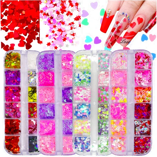 LoveOurHome 4 Boxes Iridescent Nail Glitter Sequins Set Heart Star Butterfly Shapes Glitters Flakes Sticker Manicure Accessories for Acrylic Nails/Resin/Crafts/Makeup