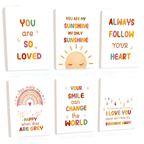 CHDITB 6Pcs Kids Affirmation Framed Wall Art, Boho Rainbow Nursery Canvas Artwork, Colorful Beige Motivational Positive Quote Decor for Toddler Baby Girls Room Playroom Daycare(8