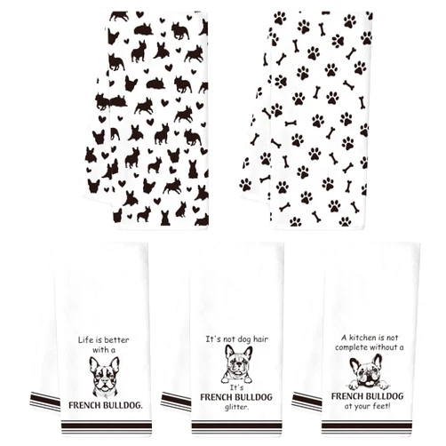 R HORSE French Bulldog Kitchen Dish Towel - 5Pcs Cute French Bulldog Cleaning Dishcloth Puppy Dog Absorbent Bar Quick Dry Hand Towel Tea Towels for Housewarming Birthday Xmas Gift Bathroom Kitchen Home Decors