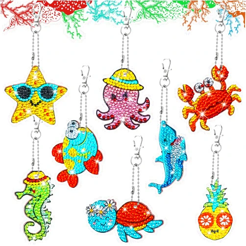 MTLEE 8 Pcs Diamond Art Keychains Diamond Painting Keychains Kids Arts and Crafts 5D Diamond Painting Kits Gem Art Diamond Keychains for Boys Girls Ages 8-12 DIY Gift Birthday Party Favors (Ocean Style)