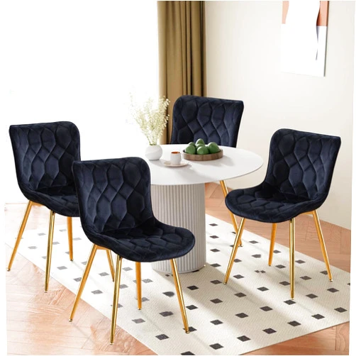 WQSLHX Velvet Kitchen Dining Chairs Set of 4, Modern Accent Chair for Living Room, Bedroom, Gold Finish Metal Legs, Black