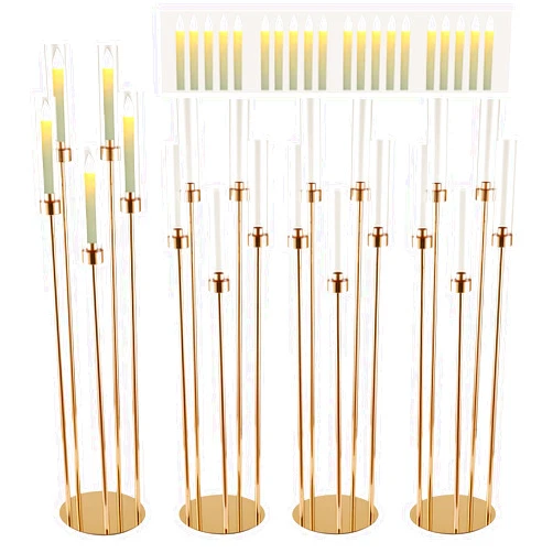 LXSEHN 4 Pcs Gold Floor Candelabra Wedding Centerpieces, 5 Arm Metal Tall Candle Holder with 20 White LED Candles, Pillar Taper Candlestick with Acrylic Lampshades for Event Party Home Decor