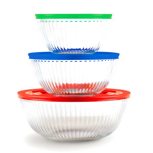 Pyrex Sculpted 3-Pack Glass Mixing Bowls (1.3 QT, 2.3 QT, 4.5 QT) with BPA-Free Lids, Prepping and Baking Food Storage Set, Dishwasher, Microwave and Freezer Safe