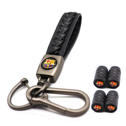 Dingshenchukong 4Pcs Car Tire Valve Stem Caps&Car Keychain Combo, Leather Car Keychain Keyring with Anodized Aluminum Tire Valve Cap Set (Compatible with F.C. Barcelona)