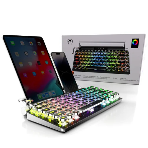 Larmtek cons Typewriter Mechanical Keyboard,RGB Backlit,2.4G/BT5.0/Wired Retro Vintage Keyboard,83 Keys Clicky Blue Switch Punk Round Keycaps,Muti-Device Keyboard with Cradle for Mac OS/iOS/Windows/Android