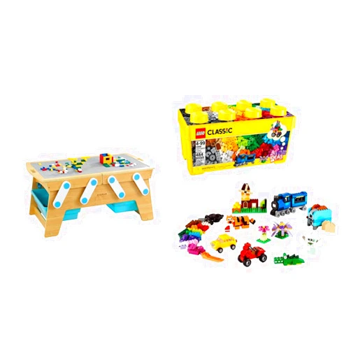 KidKraft Building Bricks Play N Store Wooden Table, Children's Toy Storage with Bins & Lego Classic Medium Creative Brick Box 10696 Building Toy Set for Kids, Boys, and Girls Ages 4-99 (484 Pieces) Table + Building Toy Set, 484 Pieces
