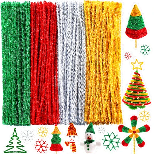 WILLBOND 400 Pieces Christmas Pipe Cleaners Craft Pipe Cleaners Glitter Chenille Stems Creative Arts Chenille Stems for DIY Craft Christmas Decoration, 12 Inches (Red, Gold, Silver, Green)