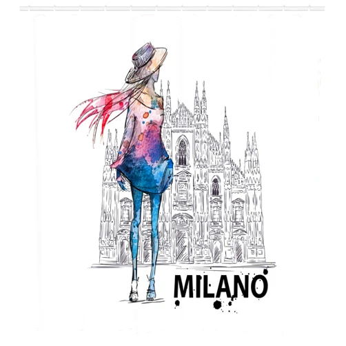 Lunarable Fashion Shower Curtain, Girl with Fashion Clothes Looking Back to Milano Duomo Image Watercolor Style Print, Cloth Fabric Bathroom Decor Set with Hooks, 105